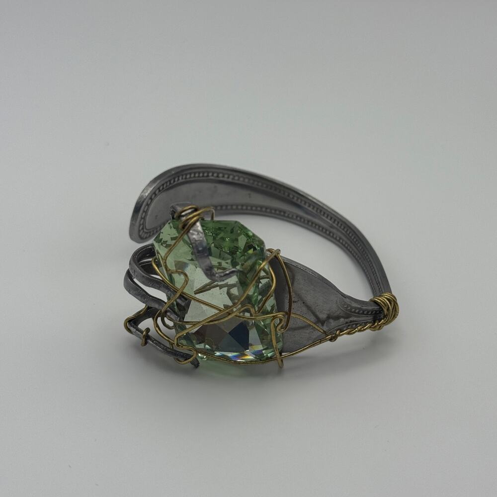 Handmade Fork Cuff Bracelet w/ Green Glass Wire Wrap Accent‎